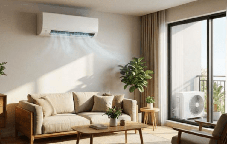 Unité extérieure enneigée en montagne et occupant devant le thermostat — panne de climatisation ou chauffage en hiver