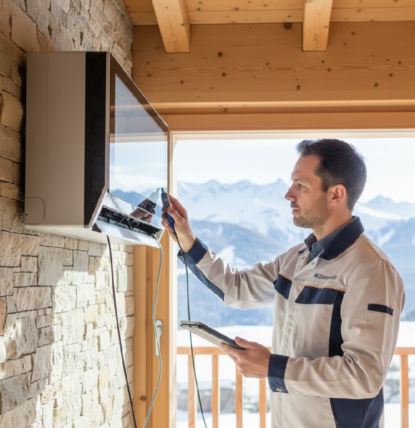 Technicien contrôlant une climatisation murale dans un intérieur pierre et bois, vue sur les sommets enneigés