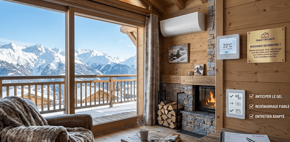 Chalet en montagne avec climatisation, thermostat et vue neige — confort résidence secondaire